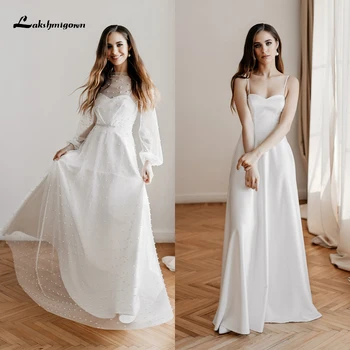 Two Pieces Modern Lace A line Wedding Dress 2022 Satin Bridal Gown Full Lantern Sleeve Sweep Button Floor-Length Savarčia платье
