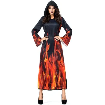 Umorden Moterys Underworld Hell Flame Fire Velnio kostiumas su gobtuvu Chalatas Helovino karnavalas Purimo vakarėlių kostiumai