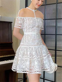 Vakarėlių prašmatnios suknelės moterims gėlių siuvinėjimas Vintage Sexy Summer Elegant Lace Print Runway Boho A-Line 2022 tinklelis trumpomis rankovėmis