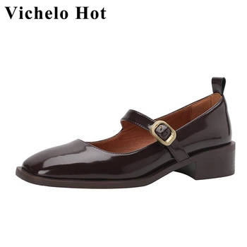 Vichelo Hot 2023 didelis dydis 43 klasikiniai odiniai batai sagties dirželiai kvadratiniai pirštų mediniai kulniukai pilno grūdo odos pavasario moterų pompos l21