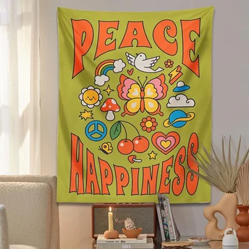 Vintage 70's Gobelenas Gėlė ramybė laimė drugelis grybas vaivorykštė saulė Hipis Trippy Plakatas mergina Sienų kilimai Bendrabučio dekoras