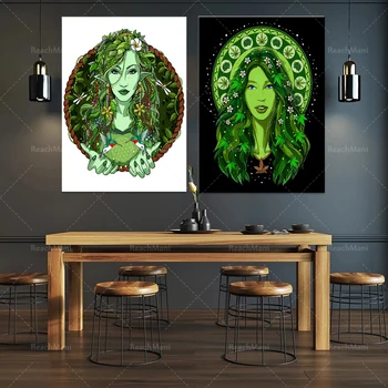 Weed Goddess Canvas Poster-Ayahuasca Šamano drobės plakatasNature Spirit Plakatas-Miško meno spauda-Dvasios kambario dekoravimas-Hipis Gif