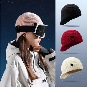 Winter Knit Ski Hat Fashion Solid Color Windproof Warm Unisex Cap Utdoor Sports Cycling Beanie Plush Earflap Hat for Men Women