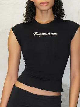 Y2k Streetwear Crop Tops Letter Print Black Tees Graphics T Shirt Womens 2023